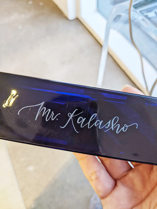 Luxury fragrance bottle custom engraved with the name "Mr. Kalasho"