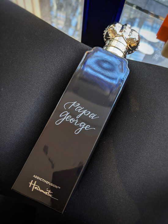 Luxury fragrance bottle custom engraved with the moniker "Papa George"