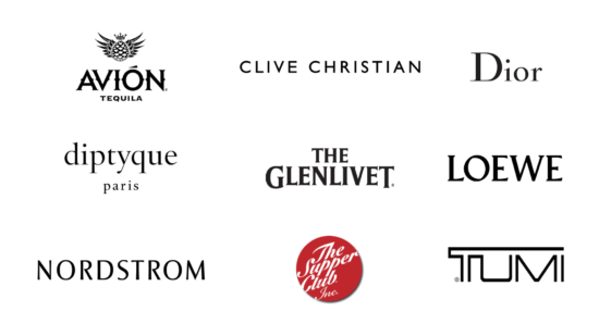 Select clients of Robi An Ink, such as Avion, Loewe, Nordstrom, The Supper Club, and Tumi.