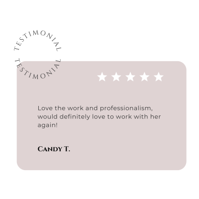 Five-star rated testimonial from one of Robi Ann Ink's former brand activation clients, Candy T.