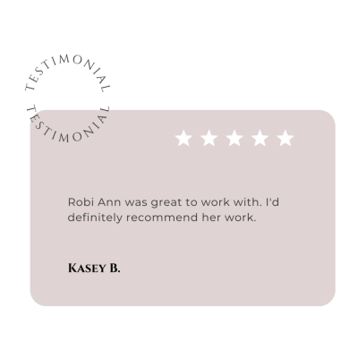 Five-star rated testimonial from one of Robi Ann Ink's former brand activation clients, Kasey B.