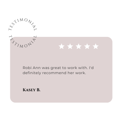 Five-star rated testimonial from one of Robi Ann Ink's former brand activation clients, Kasey B.