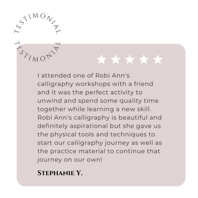 Five-star rated testimonial from a previous student about Robi Ann Ink's brush lettering workshop.